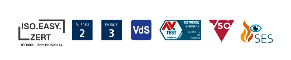 Verschiedene Zertifikate von links nach rechts: Iso.Easy.Zert, EN Grad 2, EN Grad 3, VdS, AV-Test, SES