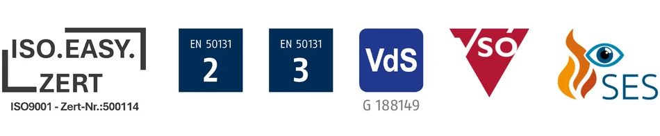 Verschiedene Zertifikate von links nach rechts: Iso.Easy.Zert, EN Grad 2, EN Grad 3, VdS, AV-Test, SES