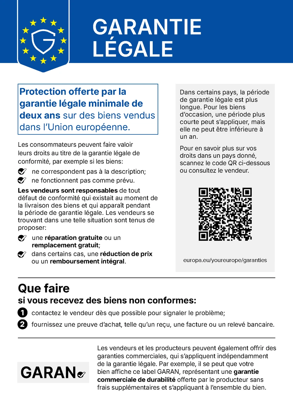 Informations de l&rsquo;UE sur la garantie l&eacute;gale