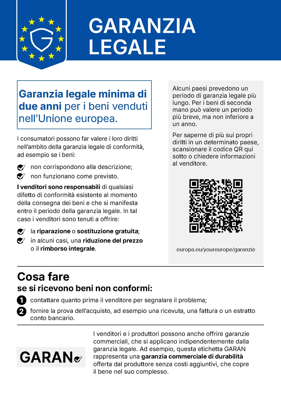 Informazioni dell&rsquo;UE sulla garanzia legale