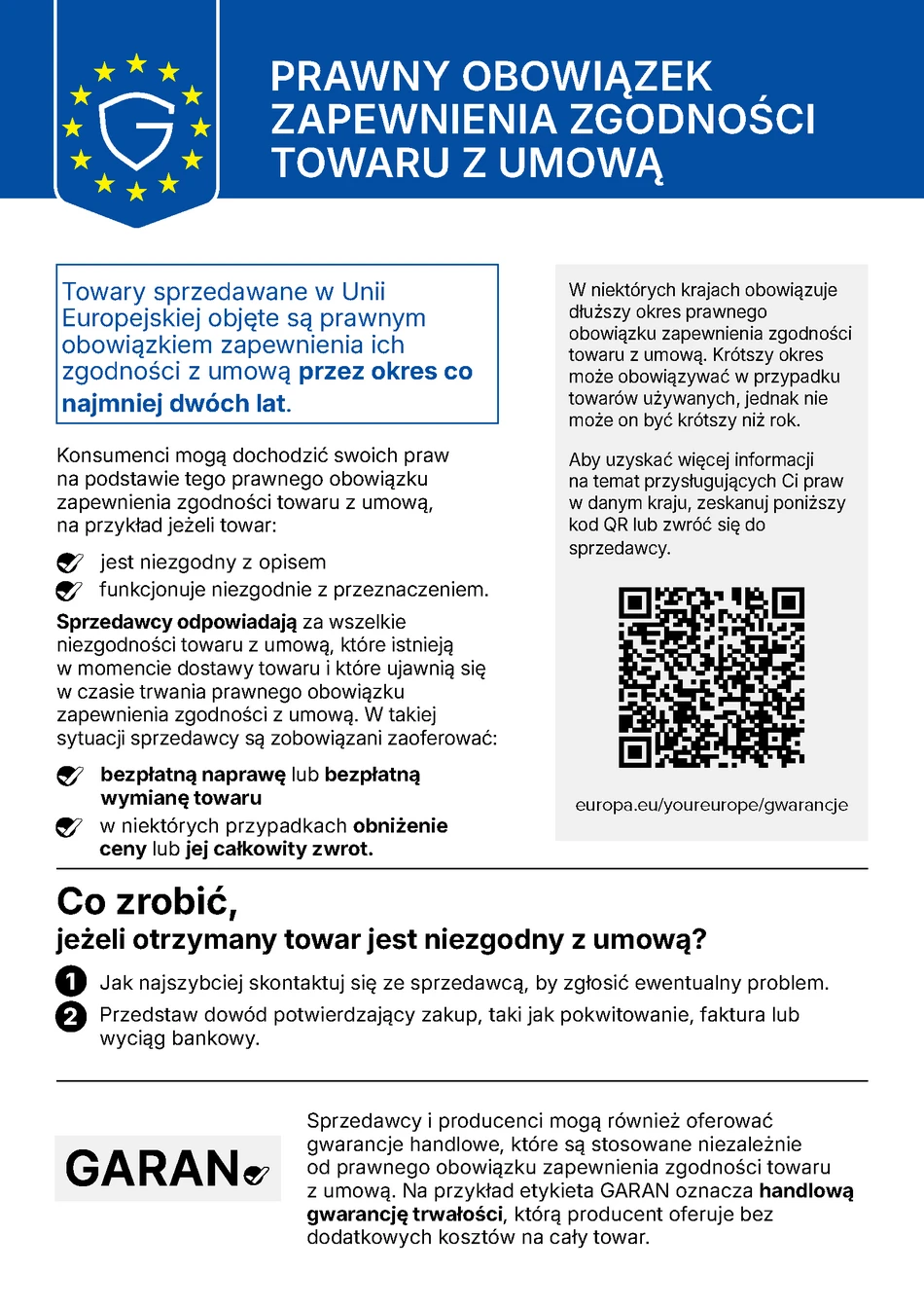 Informacja UE dotycząca gwarancji prawnej (rękojmi)