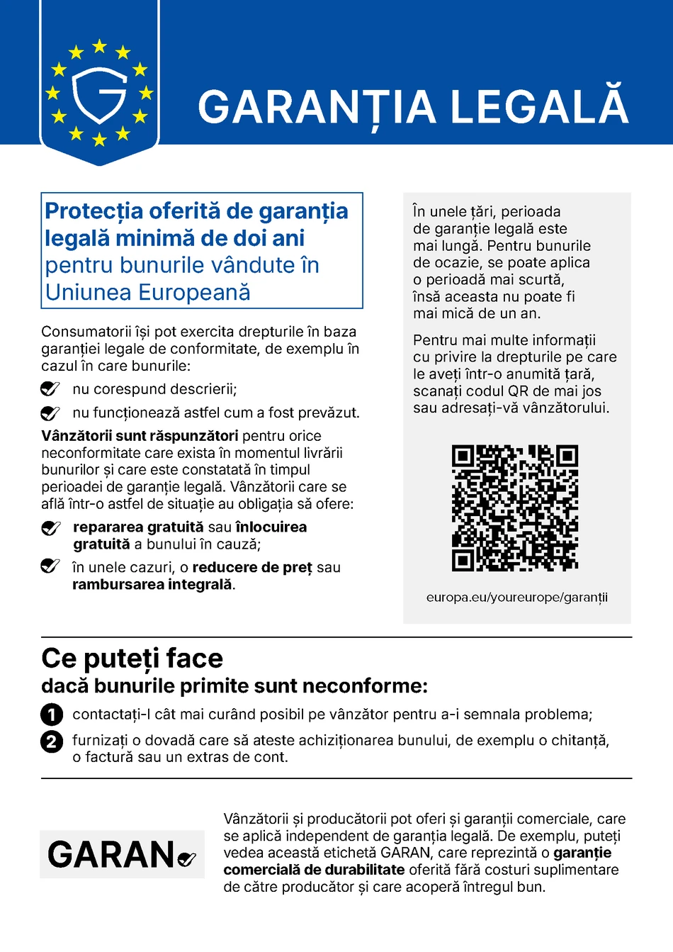 Informarea UE privind garanția legală de conformitate