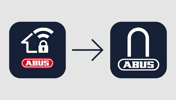 HomeTec Pro app logo with an arrow pointing to the ABUS One app logo &copy; ABUS