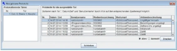 Protokolle im Schließplan auslesen: Übersicht für ausgewählte Tür Protokolle im Schließplan auslesen: Übersicht für ausgewählte Tür
