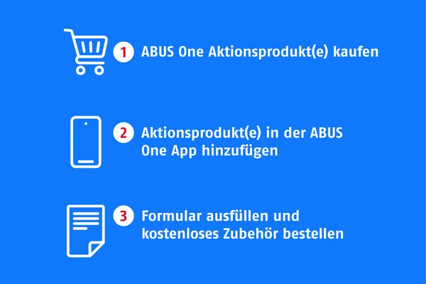 1. Aktionsprodukt(e) kaufen, 2. Aktionsprodukt(e) in der ABUS One App hinzuf&uuml;gen, 3. Formular ausf&uuml;llen und kostenloses Zubeh&ouml;r bestellen