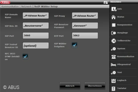 VoIP Wähler Setup der Secvest Touch © ABUS VoIP Wähler Setup der Secvest Touch © ABUS
