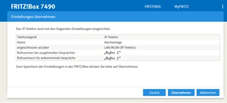 Einstellungen übernehmen in der Maske der FritzBox! 7490 © ABUS Einstellungen übernehmen in der Maske der FritzBox! 7490 © ABUS