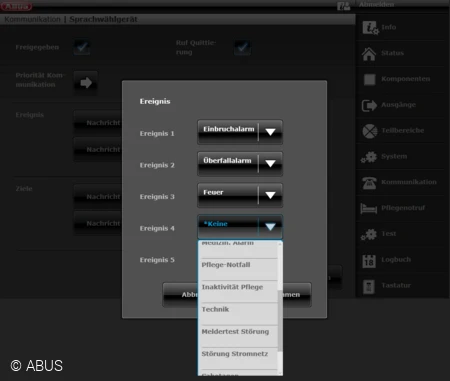 Weboberfl&auml;che Secvest: Festlegen weiterer Ereignisse in der Maske "Sprachwahlger&auml;t" &copy; ABUS