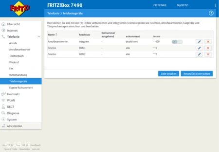 Maske Telefonieger&auml;te in der Fritz!Box 7490 &copy; ABUS