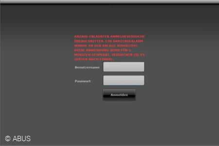 So sieht die Anmeldemaske nach dreimaliger Eingabe eines falschen Codes und Klick auf Anmelden aus. &copy; ABUS