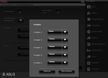 Weboberfl&auml;che der Secvest: Festlegen der unterst&uuml;tzten Ereignisse &copy; ABUS
